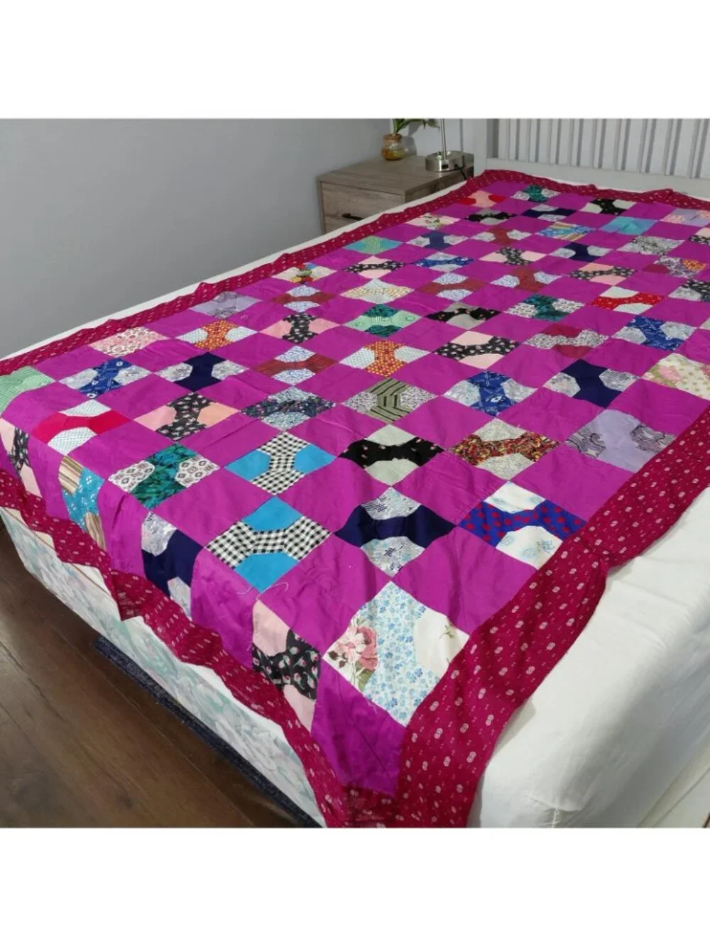Handmade Patchwork Bow Tie Quilt Top ONLY 54x89 Pink Red Scrappy Multicolor